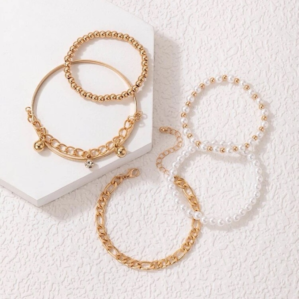 Gold Plated Chain and Faux Pearl Bracelets - set of 5 - Picture 4 of 5